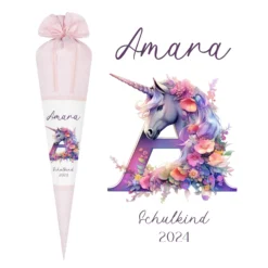 Einhorn Stoff Schultüte für Mädchen I Pferd Pony Zuckertüte Monogramm Namen Einschulungstüte Datum Blumen Füllkissen 70 cm I Optional mit Füllkissen und Spitzenschutz