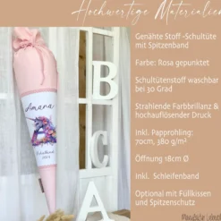 Einhorn Stoff Schultüte für Mädchen I Pferd Pony Zuckertüte Monogramm Namen Einschulungstüte Datum Blumen Füllkissen 70 cm I Optional mit Füllkissen und Spitzenschutz