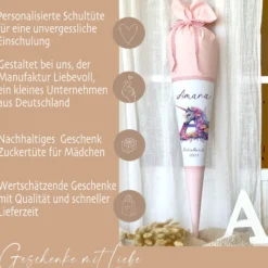 Einhorn Stoff Schultüte für Mädchen I Pferd Pony Zuckertüte Monogramm Namen Einschulungstüte Datum Blumen Füllkissen 70 cm I Optional mit Füllkissen und Spitzenschutz
