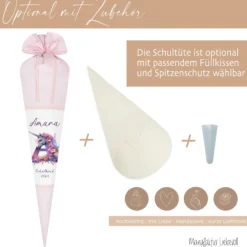 Einhorn Stoff Schultüte für Mädchen I Pferd Pony Zuckertüte Monogramm Namen Einschulungstüte Datum Blumen Füllkissen 70 cm I Optional mit Füllkissen und Spitzenschutz