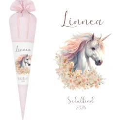 Einhorn Stoff Schultüte für Mädchen I Pferd Zuckertüte mit Namen Einschulungstüte Einschulung Datum Blumen Füllkissen 70 cm I Optional mit Füllkissen und Spitzenschutz