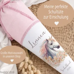 Einhorn Stoff Schultüte für Mädchen I Pferd Zuckertüte mit Namen Einschulungstüte Einschulung Datum Blumen Füllkissen 70 cm I Optional mit Füllkissen und Spitzenschutz