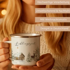 Emaille Tasse Lieblingszeit – Winter Becher mit Hirsch & Hütte – Geschenkidee Weihnachten & Advent