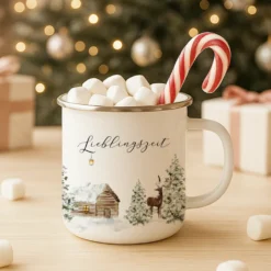 Emaille Tasse Lieblingszeit – Winter Becher mit Hirsch & Hütte – Geschenkidee Weihnachten & Advent
