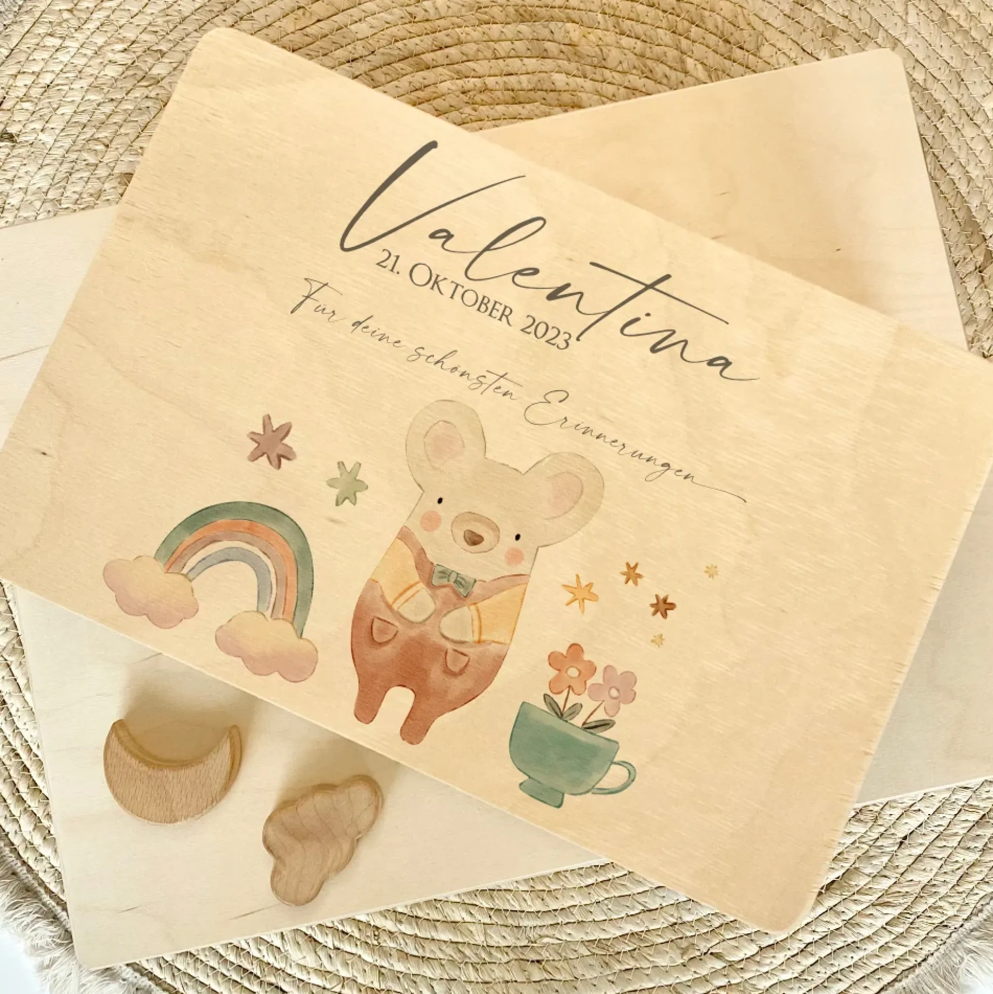 Erinnerungsbox aus Holz für Babys zur Geburt, Taufe, zum ersten Geburtstag | Personalisierte Holzkiste mit Motiv Maus