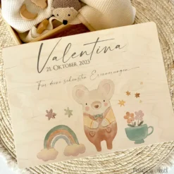 Erinnerungsbox aus Holz für Babys zur Geburt, Taufe, zum ersten Geburtstag | Personalisierte Holzkiste mit Motiv Maus
