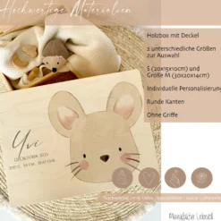 Erinnerungskiste aus Holz für Babys zur Geburt, Taufe, zum ersten Geburtstag | Personalisierte Holzkiste mit Motiv Maus