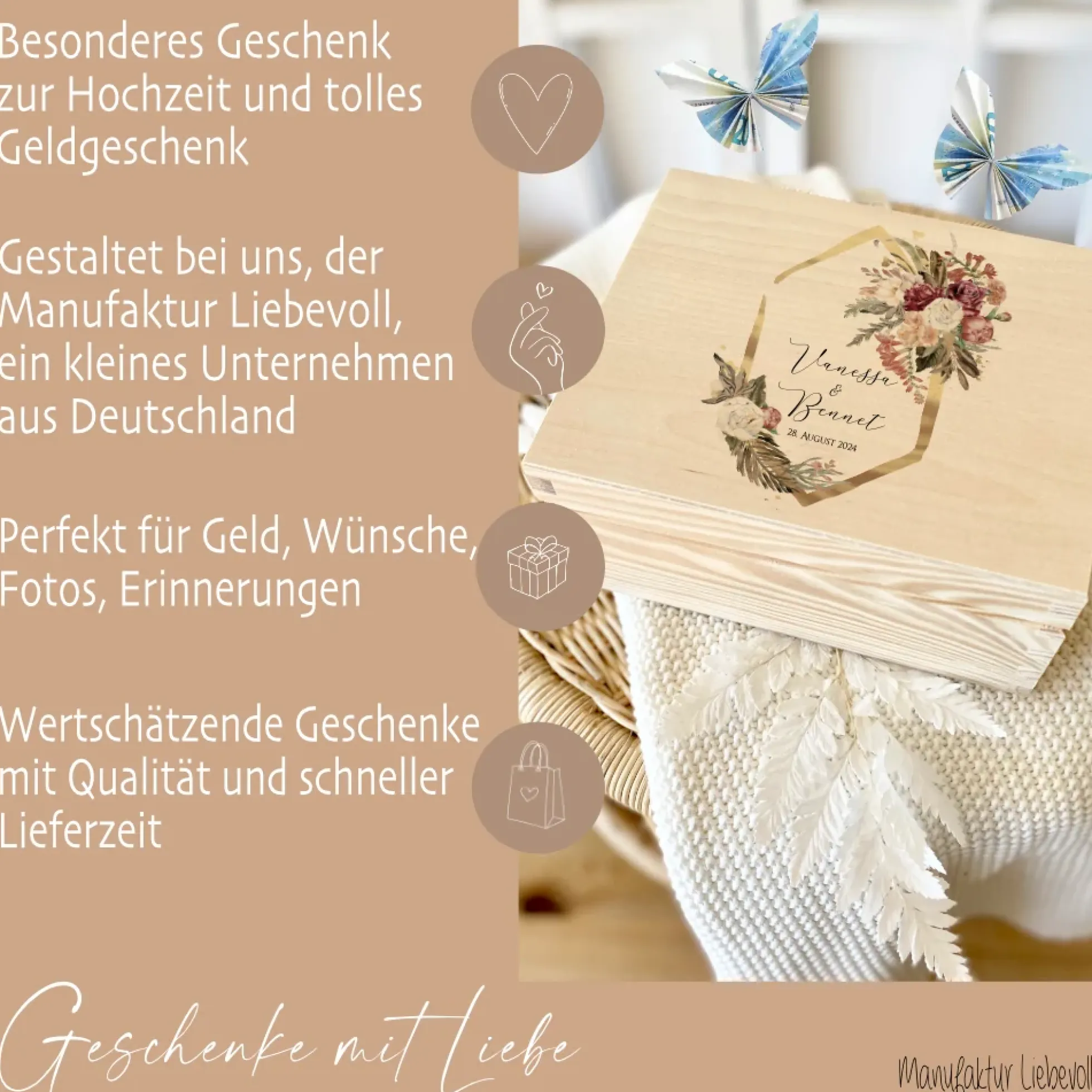 Erinnerungskiste Hochzeitsgeschenk zur Hochzeit, Holzbox als Geschenk für das Brautpaar personalisiert