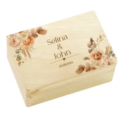 Erinnerungskiste mit Namen zur Hochzeit, florale Holzbox als Geschenk für das Brautpaar, Hochzeitsgeschenk