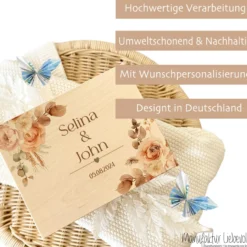 Erinnerungskiste mit Namen zur Hochzeit, florale Holzbox als Geschenk für das Brautpaar, Hochzeitsgeschenk