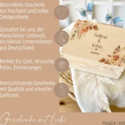 Erinnerungskiste mit Namen zur Hochzeit, florale Holzbox als Geschenk für das Brautpaar, Hochzeitsgeschenk