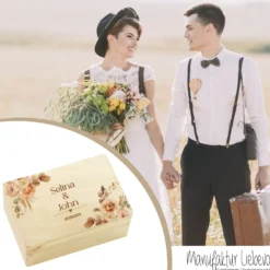 Erinnerungskiste mit Namen zur Hochzeit, florale Holzbox als Geschenk für das Brautpaar, Hochzeitsgeschenk