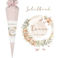Eukalyptus Schultüte mit Namen für Mädchen Einschulung Schulkind 2025 Boho Schultüte Stoff Vintage Rosa Blumen Zuckertüte Einschulungstüte