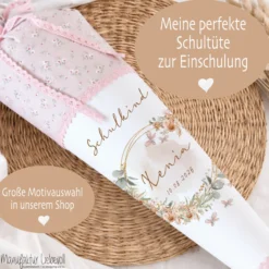 Eukalyptus Schultüte mit Namen für Mädchen Einschulung Schulkind 2025 Boho Schultüte Stoff Vintage Rosa Blumen Zuckertüte Einschulungstüte