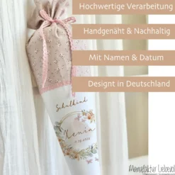 Eukalyptus Schultüte mit Namen für Mädchen Einschulung Schulkind 2025 Boho Schultüte Stoff Vintage Rosa Blumen Zuckertüte Einschulungstüte