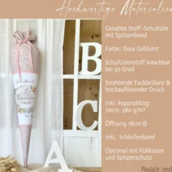 Eukalyptus Schultüte mit Namen für Mädchen Einschulung Schulkind 2025 Boho Schultüte Stoff Vintage Rosa Blumen Zuckertüte Einschulungstüte