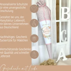 Eukalyptus Schultüte mit Namen für Mädchen Einschulung Schulkind 2025 Boho Schultüte Stoff Vintage Rosa Blumen Zuckertüte Einschulungstüte