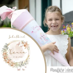 Eukalyptus Schultüte mit Namen für Mädchen Einschulung Schulkind 2025 Boho Schultüte Stoff Vintage Rosa Blumen Zuckertüte Einschulungstüte