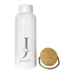 Exklusive Trinkflasche mit "Monogram" und Namen | Personalisiertes Geschenk mit Namen und Buchstaben | 500 ml Isolierflasche aus Edelstahl mit Bambusdeckel | 2 Farbvarianten zur Auswahl