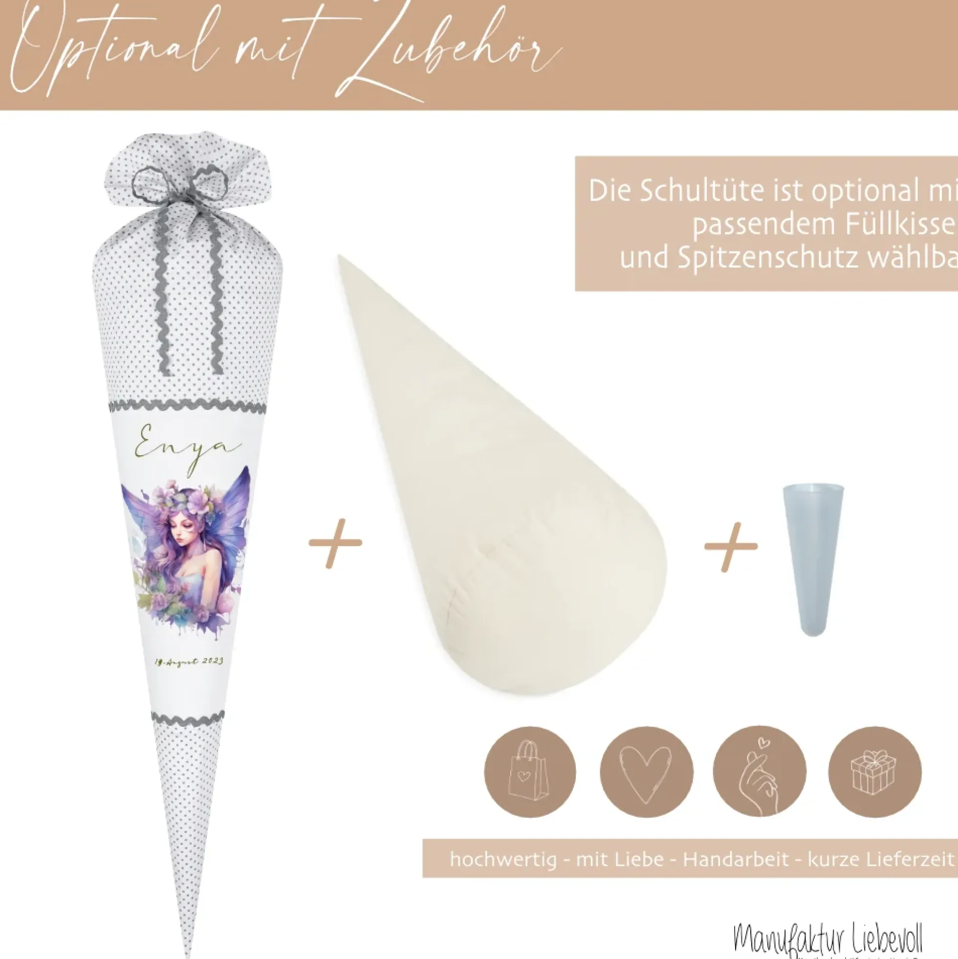 Feen Stoff Schultüte Elfe Mädchen Name Rosa Prinzessin Personalisiert Märchen Blumen Prinzessin Boho Einschulungstüte Zuckertüte Datum 70 cm| Optional mit Füllkissen und Spitzenschutz
