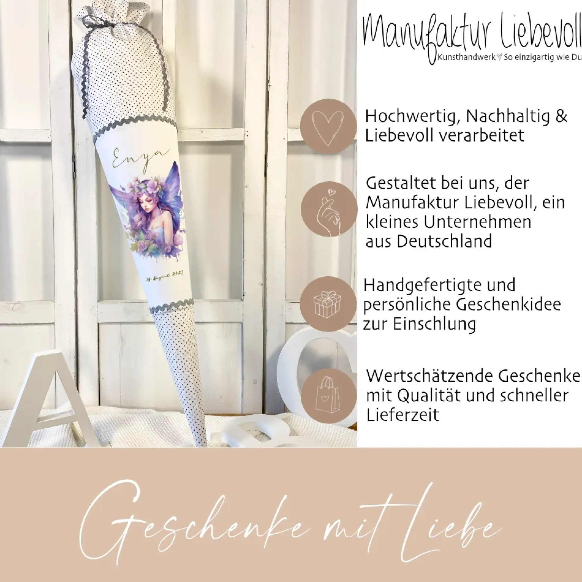 Feen Stoff Schultüte Elfe Mädchen Name Rosa Prinzessin Personalisiert Märchen Blumen Prinzessin Boho Einschulungstüte Zuckertüte Datum 70 cm| Optional mit Füllkissen und Spitzenschutz