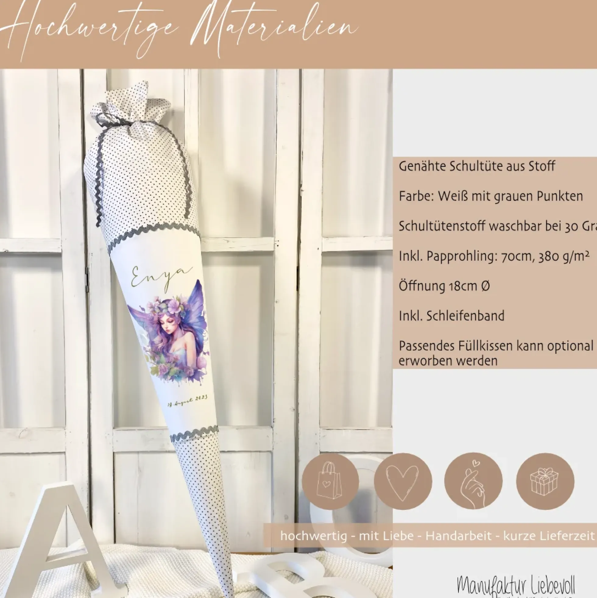 Feen Stoff Schultüte Elfe Mädchen Name Rosa Prinzessin Personalisiert Märchen Blumen Prinzessin Boho Einschulungstüte Zuckertüte Datum 70 cm| Optional mit Füllkissen und Spitzenschutz