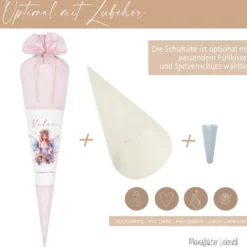 Feen Stoffschultüte Personalisierte Rosa Mädchen Name Elfe Ballerina Blumen Boho Einschulungstüte Zuckertüte 70 cm | Optional mit Füllkissen und Spitzenschutz