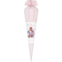Feen Stoffschultüte Personalisierte Rosa Mädchen Name Elfe Ballerina Blumen Boho Einschulungstüte Zuckertüte 70 cm | Optional mit Füllkissen und Spitzenschutz