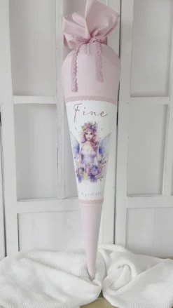 Feen Stoffschultüte Personalisierte Rosa Mädchen Name Elfe Ballerina Blumen Boho Einschulungstüte Zuckertüte 70 cm | Optional mit Füllkissen und Spitzenschutz
