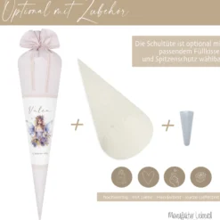 Feen Stoffschultüte Personalisierte Rosa Mädchen Name Elfe Ballerina Blumen Boho Einschulungstüte Zuckertüte 70 cm | Optional mit Füllkissen und Spitzenschutz