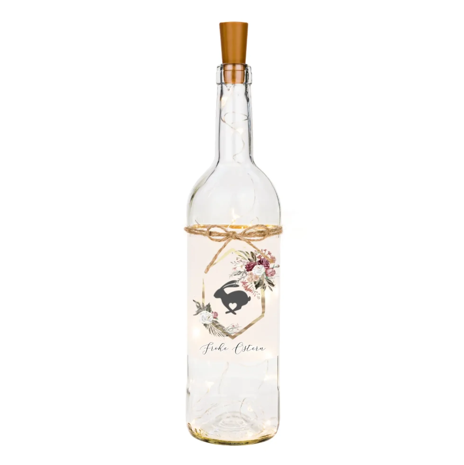 Flaschenlicht "Frohe Ostern" | Leuchtflasche mit floralem Hasenmotiv als Dekoration u. Ostergeschenk | Ideales Geldgeschenk