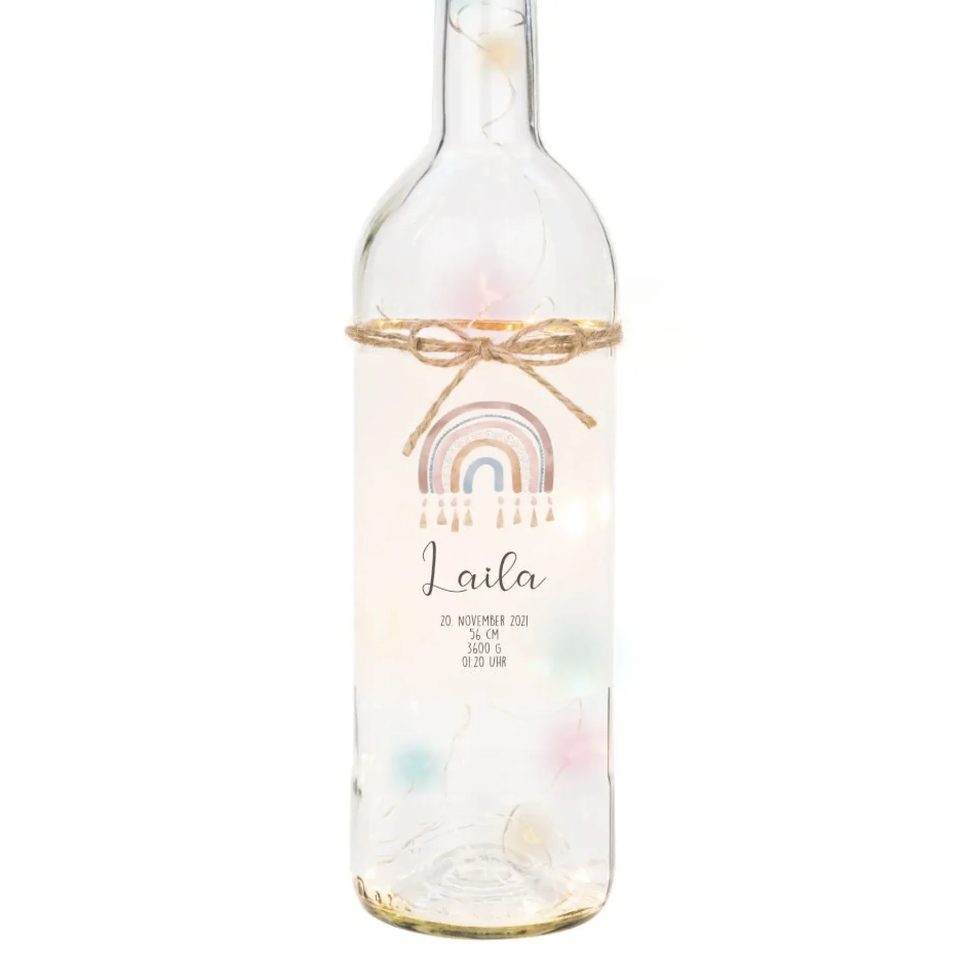 Flaschenlicht mit den Geburtsdaten des Babys | Leuchtflasche mit Namen des Babys | Glasflasche mit Regenbogen, Datum, Größe, Gewicht, Uhrzeit u. Ort | Lichterkette mit buntem Licht | 2 Motivvarianten zur Auswahl