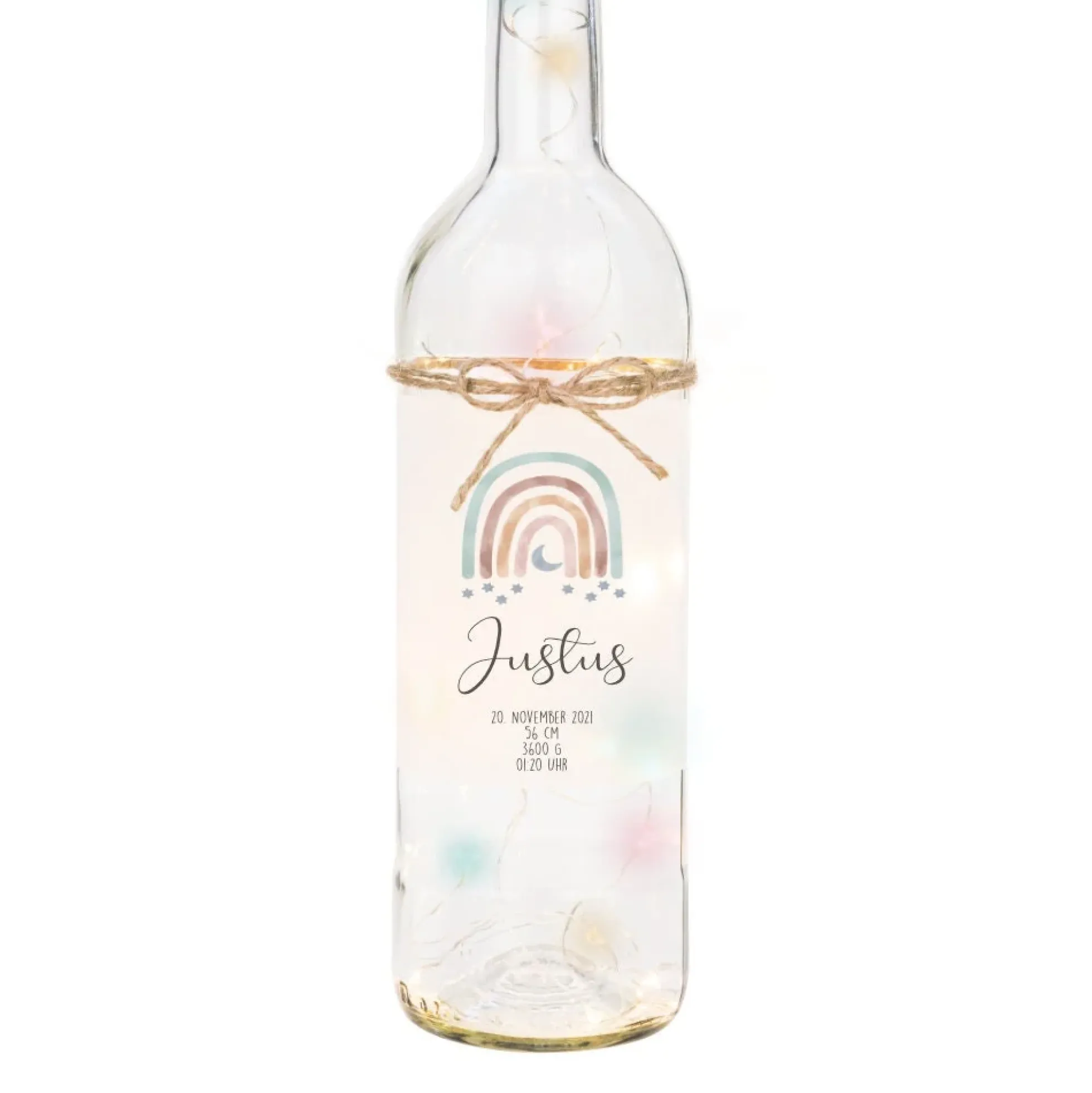 Flaschenlicht mit den Geburtsdaten des Babys | Leuchtflasche mit Namen des Babys | Glasflasche mit Regenbogen, Datum, Größe, Gewicht, Uhrzeit u. Ort | Lichterkette mit buntem Licht | 2 Motivvarianten zur Auswahl