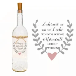 Flaschenlicht mit Spruch "Zuhause ist wo die Liebe wohnt & schöne Momente geteilt werden" | Persönliches Geschenk für Frauen und Familien | Besondere Dekoration für das Zuhause