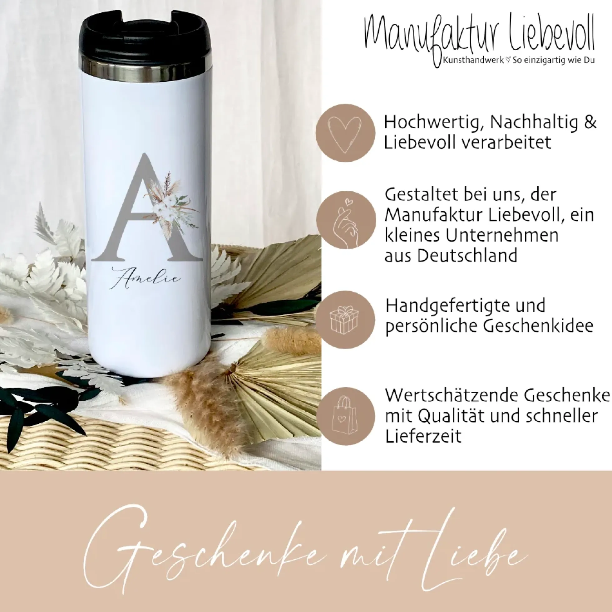 Floraler Thermobecher mit Namen und Buchstaben