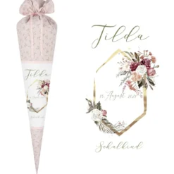 Florale Schultüte "Boho Blumenkranz" aus Stoff | Personalisiert mit Namen und Datum für Mädchen | Optional mit Füllkissen und Spitzenschutz