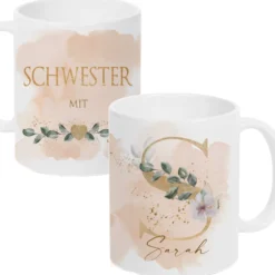 Florale Tasse mit Namen und goldenem Buchstaben personalisierte Kaffeetasse Keramik weiß