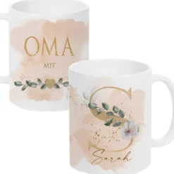 Florale Tasse mit Namen und goldenem Buchstaben personalisierte Kaffeetasse Keramik weiß