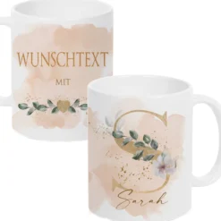 Florale Tasse mit Namen und goldenem Buchstaben personalisierte Kaffeetasse Keramik weiß