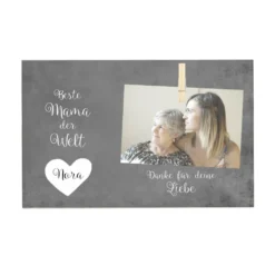 Fotogeschenk aus Holz für die beste Mama der Welt | Holzbild personalisiert mit dem Namen und mit Holzklammer zum individuellen Befestigen eines Fotos