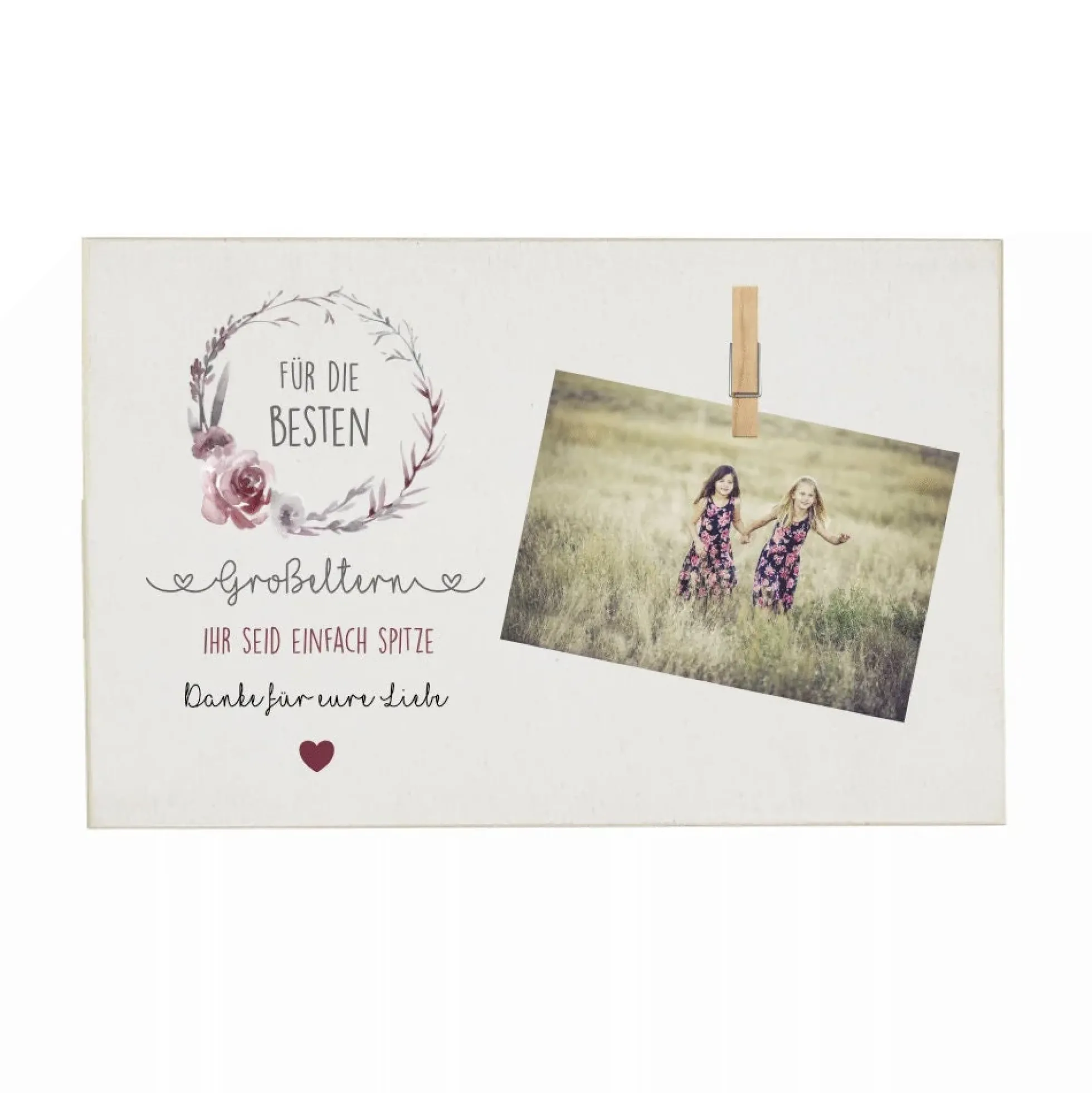 Fotogeschenk "Für die besten Großeltern. Ihr seid einfach Spitze. Danke für eure Liebe." | Originelles Geschenk für Oma u. Opa vom Enkelkind | Holzbild mit Klammer zum Anbringen eines Fotos