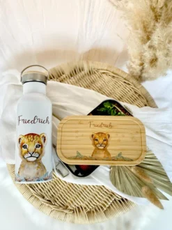 Frühstücksbox Löwe mit Namen für Mädchen und Jungen | Kinder Lunchbox mit Tiermotiv | Brotdose für Kindergarten und Schule | Personalisiertes Kindergeschenk