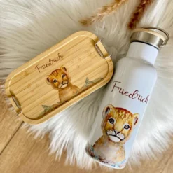 Frühstücksbox Löwe mit Namen für Mädchen und Jungen | Kinder Lunchbox mit Tiermotiv | Brotdose für Kindergarten und Schule | Personalisiertes Kindergeschenk