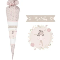 Geblümte Schultüte "Ballerina" aus Stoff | Personalisiert mit dem Namen für Mädchen | Optional mit Füllkissen und Spitzenschutz