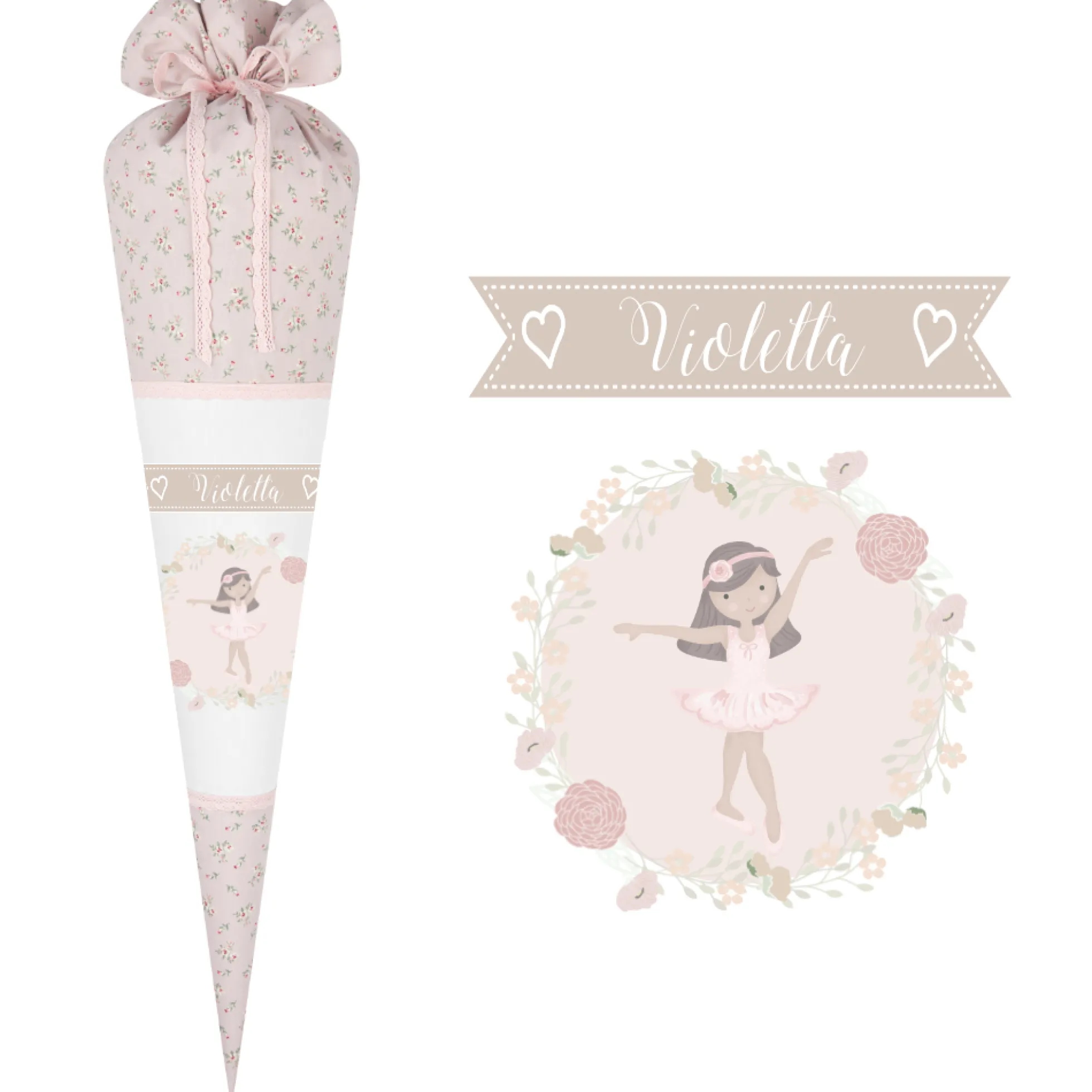 Geblümte Schultüte "Ballerina" aus Stoff | Personalisiert mit dem Namen für Mädchen | Optional mit Füllkissen und Spitzenschutz