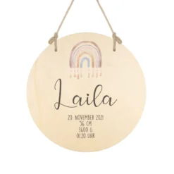 Geburtstafel "Regenbogen" aus Holz | Handgefertigt mit Namen u. Geburtsdaten | Personalisiertes Geschenk zur Geburt u. Taufe des Babys | Persönliche Geschenkidee für Neugeborene | Babygeschenk in 6 Motivvarianten für Mädchen und Jungen