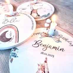 Geburtstagsteller "Hase" für Kinder | Personalisierter Kerzenteller aus Holz für Mädchen und Jungen + Kerze | Geschenkidee zum Geburt, Taufe, Kindergeburtstag | weitere Motive zur Auswahl