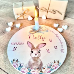 Geburtstagsteller "Hase" für Kinder | Personalisierter Kerzenteller aus Holz für Mädchen und Jungen + Kerze | Geschenkidee zum Geburt, Taufe, Kindergeburtstag | weitere Motive zur Auswahl