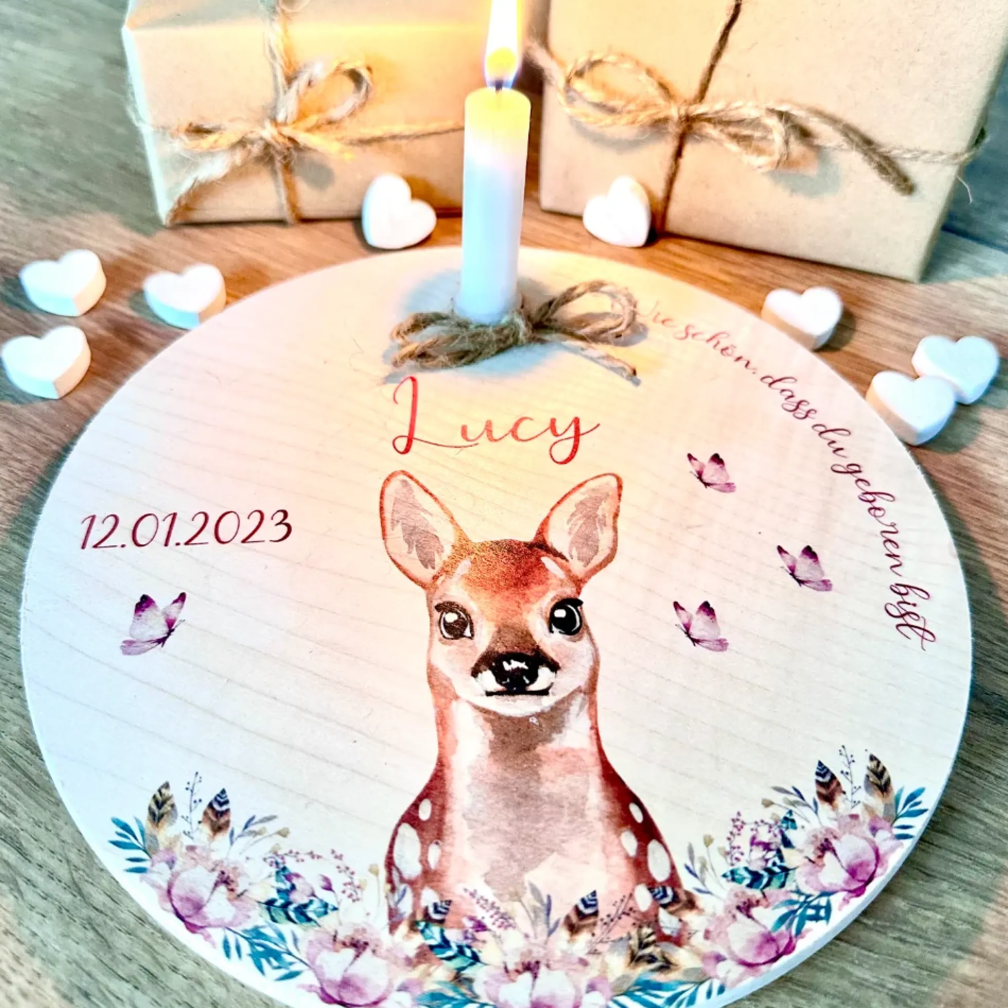 Geburtstagsteller "Reh" für Kinder | Personalisierter Kerzenteller aus Holz für Mädchen und Jungen + Kerze | Geschenkidee zur Geburt, Taufe, Kindergeburtstag | weitere Motive zur Auswahl