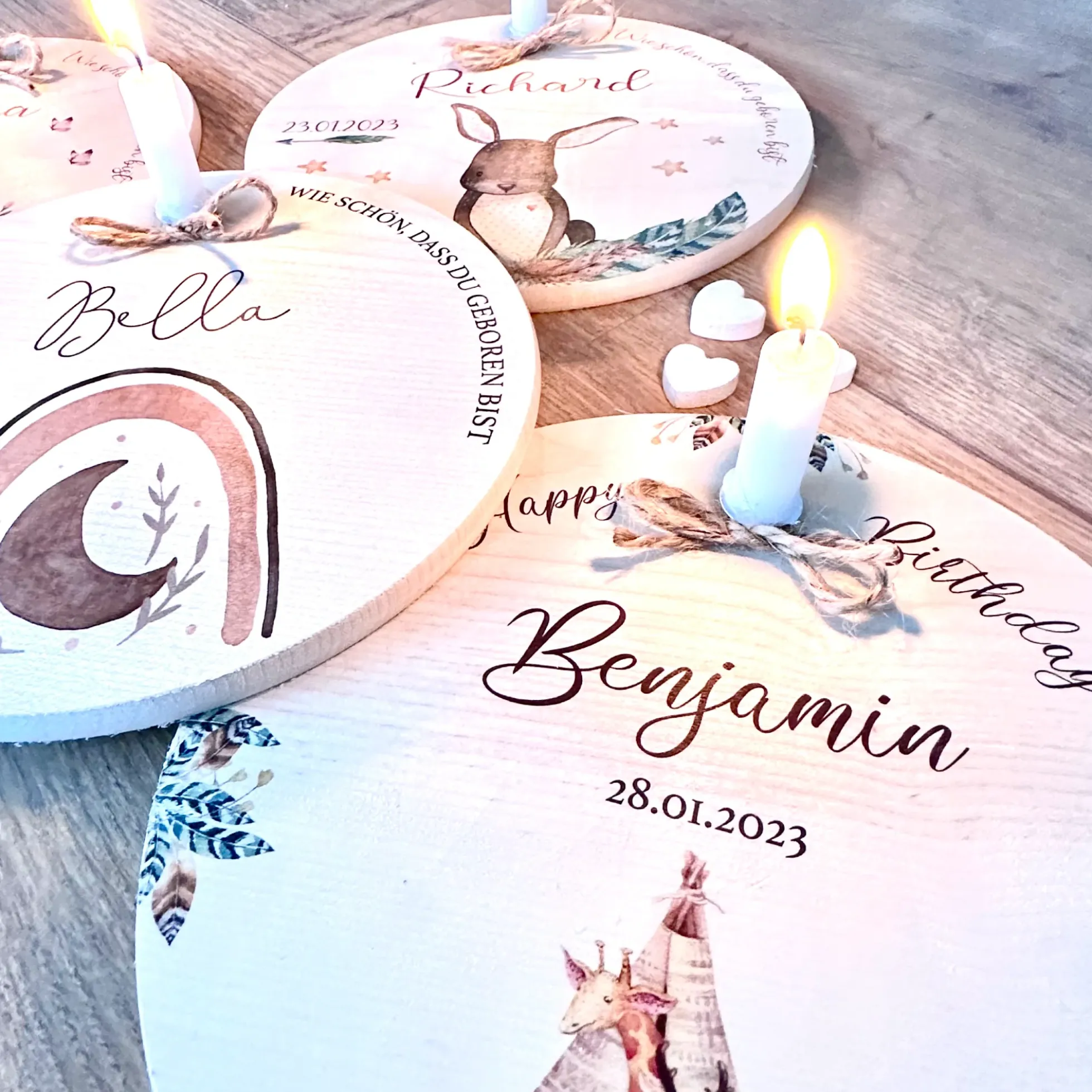 Geburtstagsteller "Reh" für Kinder | Personalisierter Kerzenteller aus Holz für Mädchen und Jungen + Kerze | Geschenkidee zur Geburt, Taufe, Kindergeburtstag | weitere Motive zur Auswahl